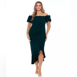 XSCAPE Plus Size Ruffled Off-The-Shoulder Midi Dress Pine Green